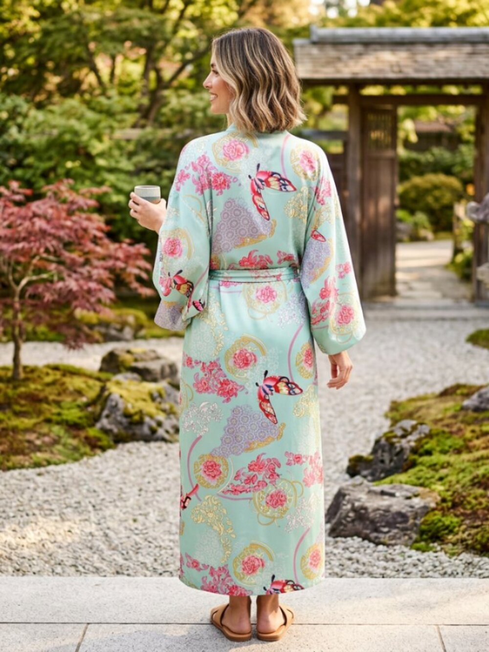 Natori private luxuries seafoam oriental print kimono robe